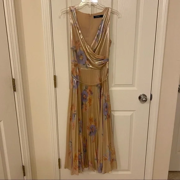 Lauren Ralph Lauren Pleated Metallic Floral Dress in Blush Multi - Picture 5 of 14